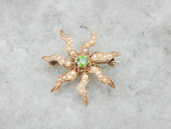 Victorian Demantoid Garnet Seed Pearl Brooch