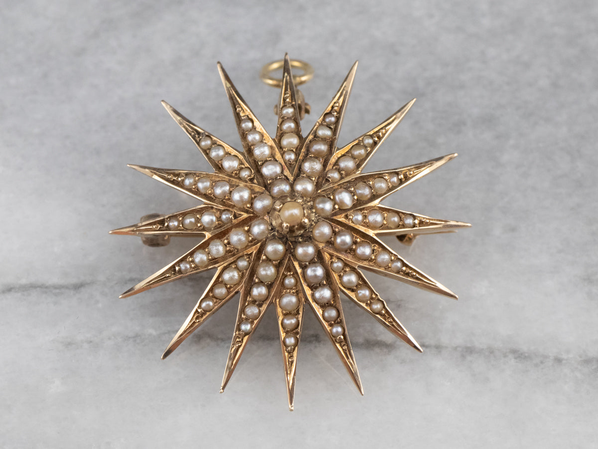 Victorian Seed Pearl Starburst Brooch Pendant