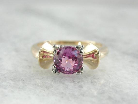 Retro Pink Sapphire Ring, 14K Yellow and White Gold Bow Shape