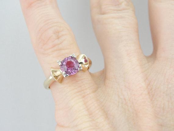 Retro Pink Sapphire Ring, 14K Yellow and White Gold Bow Shape