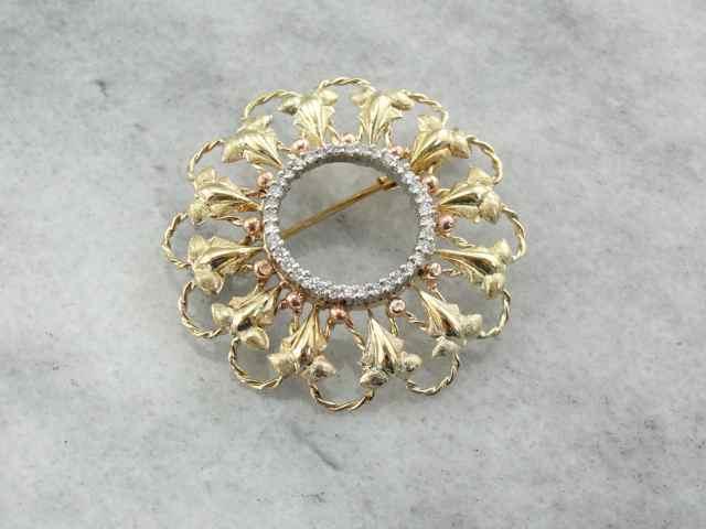 Vintage Gold and Diamond Brooch with Rose Gold Accents