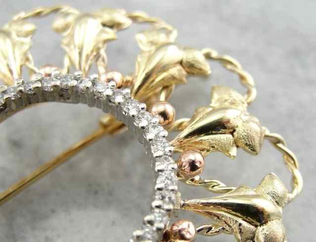 Vintage Gold and Diamond Brooch with Rose Gold Accents