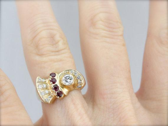 Ruby and Diamond Cocktail Ring from the Retro Era in Fine Gold