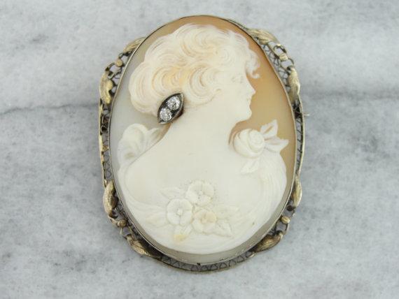 Filigree Brooch with Fine Shell Cameo and Diamond