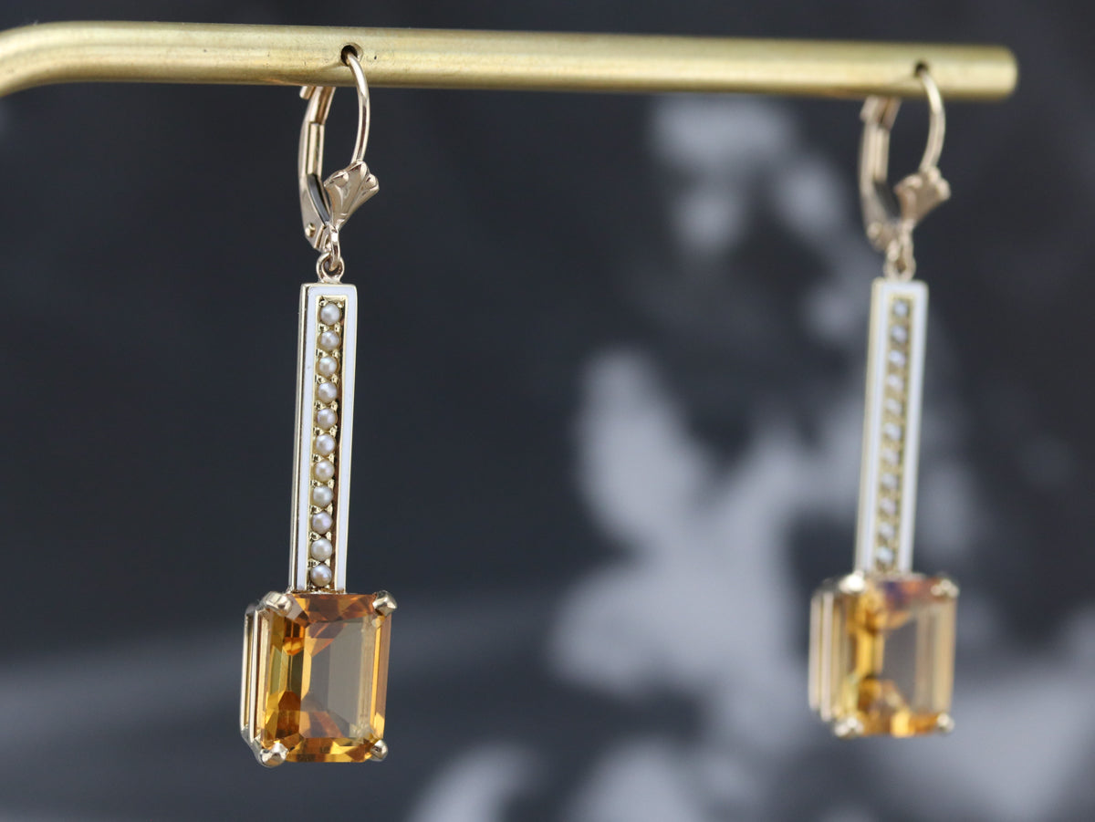 Enamel Citrine and Seed Pearl Drop Earrings