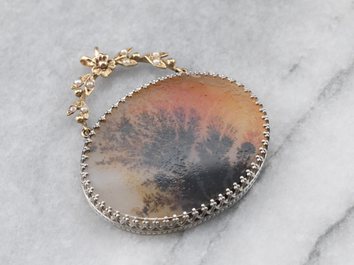 Floral Dendritic Agate Mixed Metal Seed Pearl Pendant