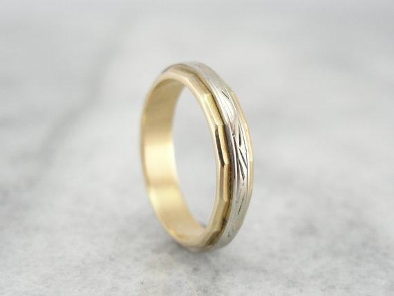 Faceted and Engraved Wedding Band in 14K Yellow and White Gold