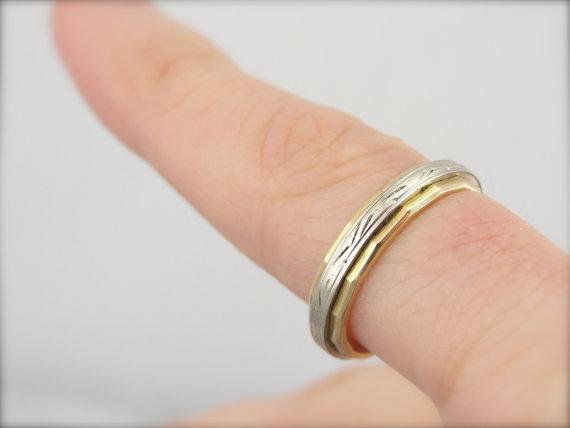 Faceted and Engraved Wedding Band in 14K Yellow and White Gold