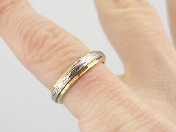 Faceted and Engraved Wedding Band in 14K Yellow and White Gold