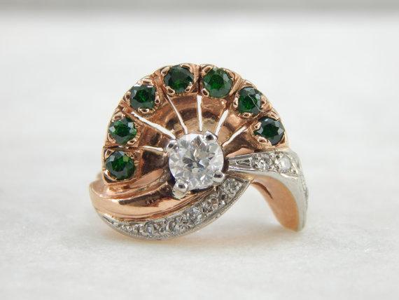 Retro Era Diamond and Demantoid Garnet Rose Gold Cocktail Ring