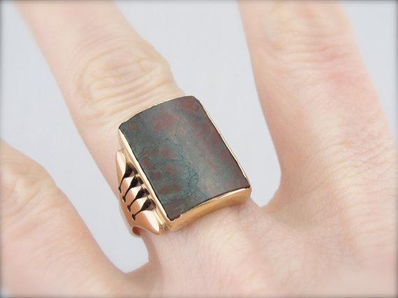 Rose Gold and Moss Agate Mens or Ladies Rare Barrel Cut RIng