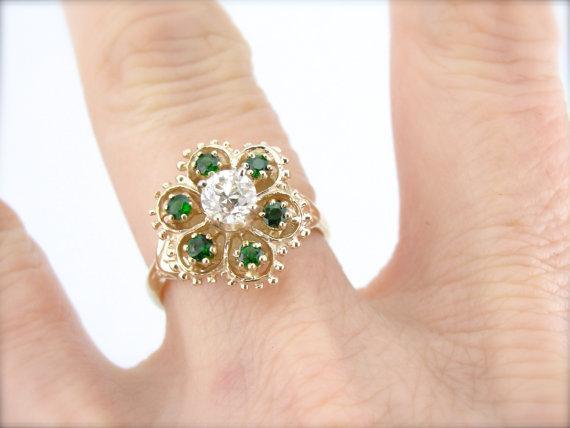 Demantoid Garnet and Diamond Ladies Cocktail Ring