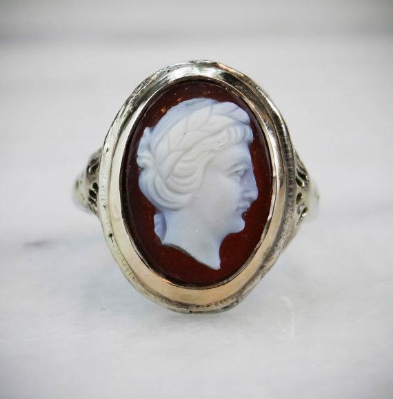 Art Deco Filigree and Unique Stone Cameo Ring