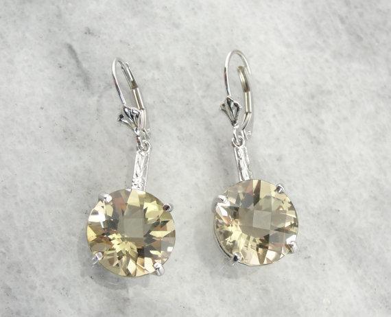 Soft Yellow Quartz Drop Earrings in Decorative White Gold