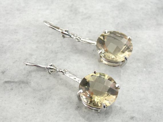 Soft Yellow Quartz Drop Earrings in Decorative White Gold