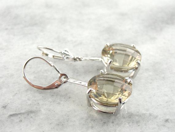 Soft Yellow Quartz Drop Earrings in Decorative White Gold