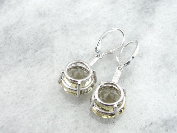 Soft Yellow Quartz Drop Earrings in Decorative White Gold