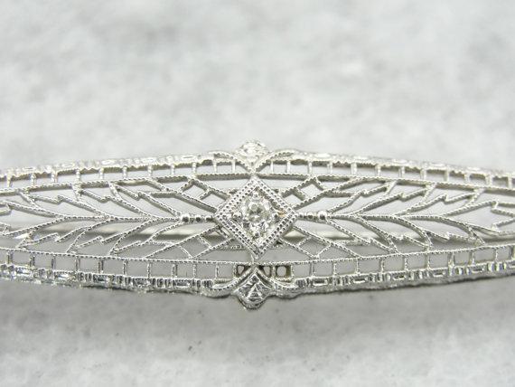 White Gold Lace Filigree Pin with Diamond Center