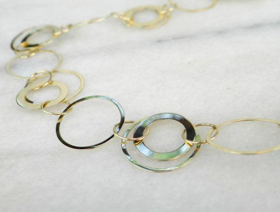 Modernist Gold Link Necklace, Circles and Links