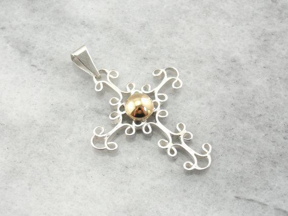 Sterling and 14 Karat Gold Simple Filigree Cross