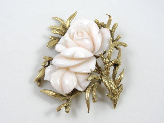 1900s Carved Angel Skin Coral Rose Brooch