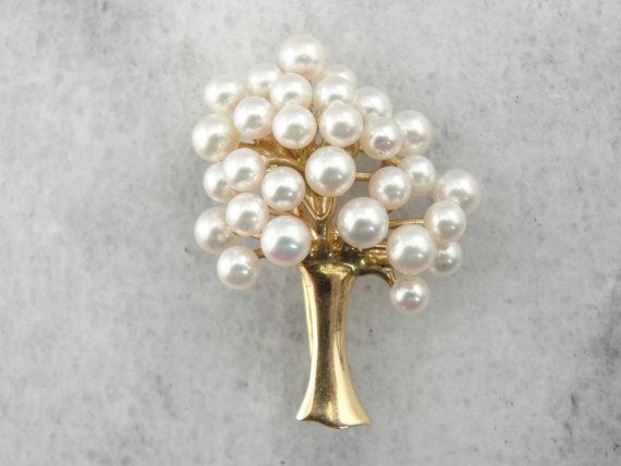 Pearl and 14K Yellow Gold Tree Brooch