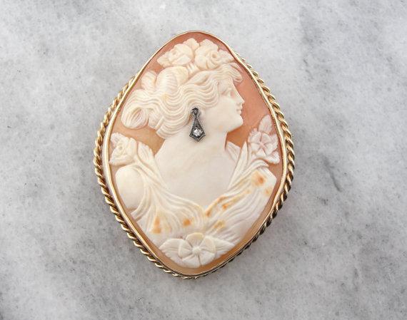 Rare Diamond Shaped Shell Cameo with Diamond Earring