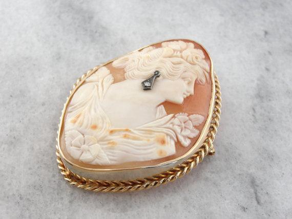 Rare Diamond Shaped Shell Cameo with Diamond Earring