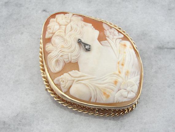 Rare Diamond Shaped Shell Cameo with Diamond Earring