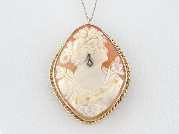 Rare Diamond Shaped Shell Cameo with Diamond Earring