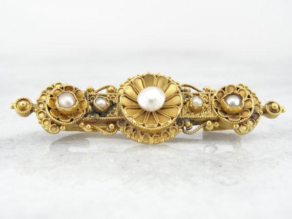 Etruscan Revival Victorian 22K Gold and Pearl Brooch