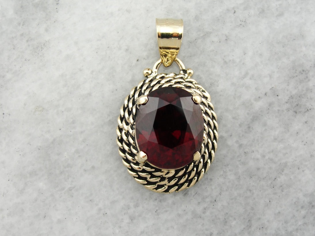 Vintage Pyrope Garnet Pendant, Rope Framed Pendant