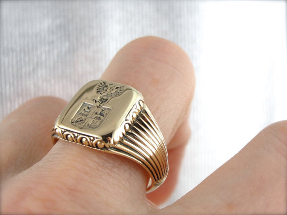 Vintage Coat Of Arms Men s Signet Ring True Wax Stamping Style