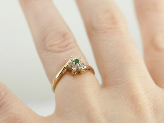 Dainty Demantoid Garnet and Diamond Flower Ring, Bypass Style