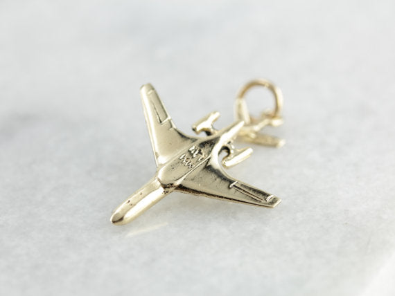 Fly the Friendly Skies! Vintage Airplane Charm or Pendant in Yellow Gold