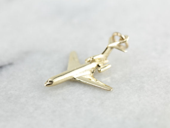 Fly the Friendly Skies! Vintage Airplane Charm or Pendant in Yellow Gold