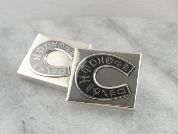 The Zodiac in Siam: Niello Sterling Siam Cufflinks, Horseshoe Zodiac Design