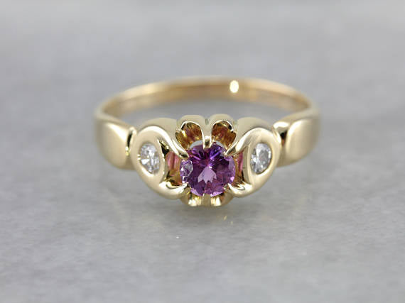 Pretty Lilac Sapphire and Diamond Ring in Modern Belcher Style Setting