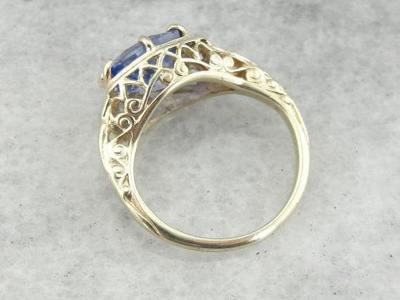 Antique Green Gold Filigree and Rare Ceylon Sapphire Ring