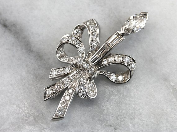 Sweeping Retro Era Platinum and Diamond Brooch