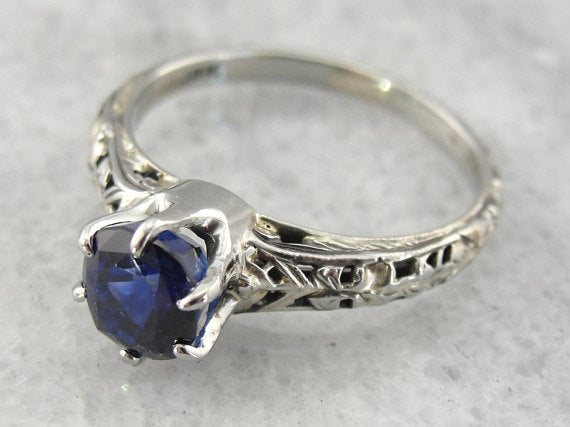 Art Deco Sapphire White Gold Filigree Engagement Ring