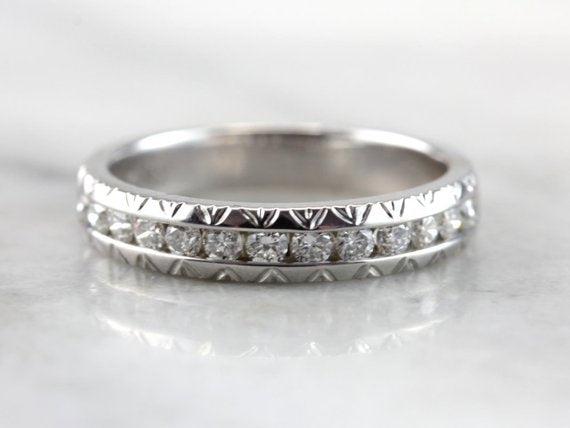 Etched Channel Set Diamond Wedding Band, Alternative Engagement for Him