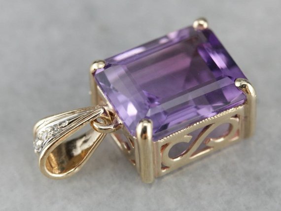 Amethyst And Diamond Drop Rectangular Cut Pendant