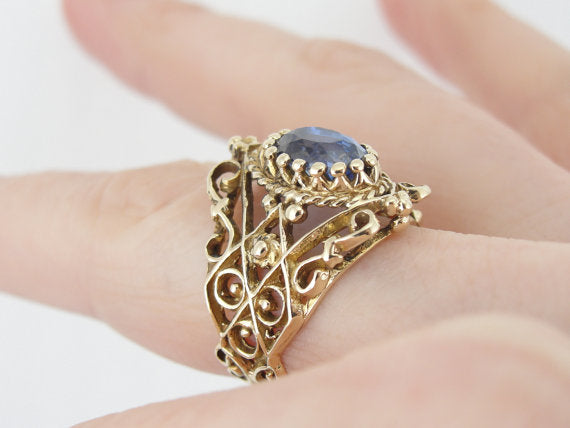 Wide Filigree Blue Ceylon Sapphire Ring