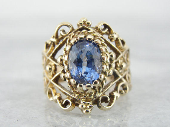 Wide Filigree Blue Ceylon Sapphire Ring