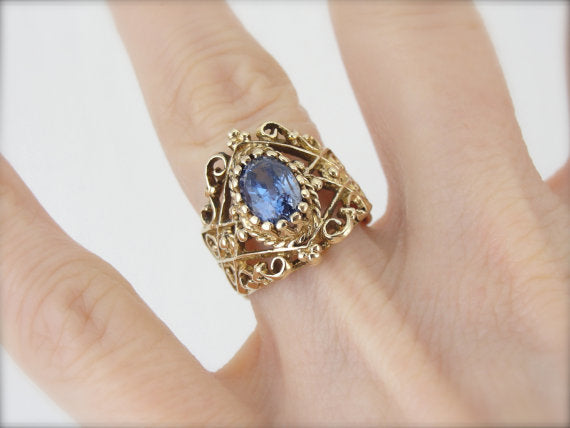 Wide Filigree Blue Ceylon Sapphire Ring