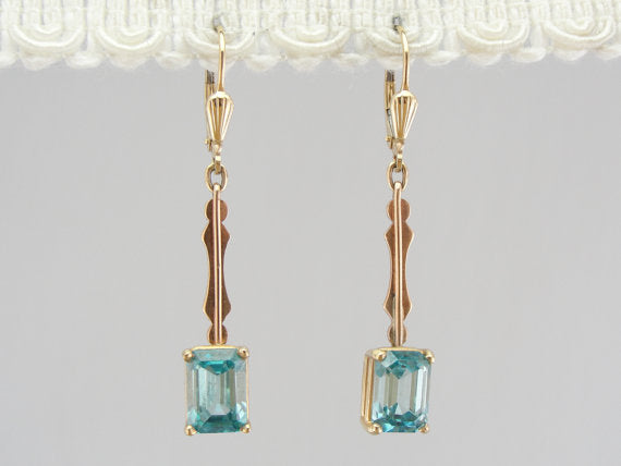 Emerald Cut Blue Zircon Gold Bar Drop Earrings