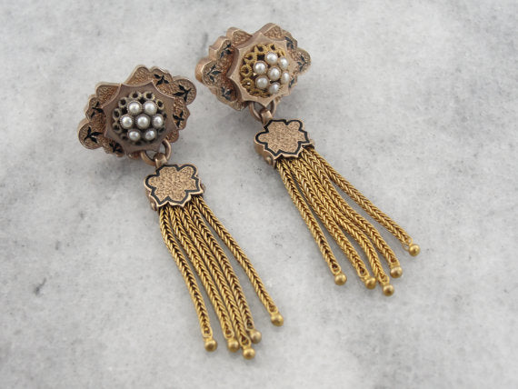 Exceptional Victorian Tassel Earrings, Rose Gold, Pearls & Enamel. Pierced