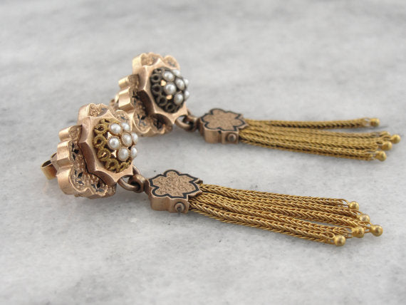 Exceptional Victorian Tassel Earrings, Rose Gold, Pearls & Enamel. Pierced