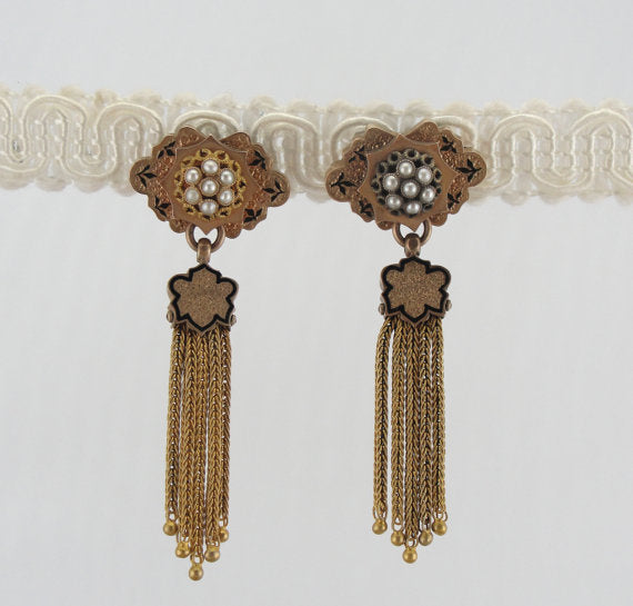 Exceptional Victorian Tassel Earrings, Rose Gold, Pearls & Enamel. Pierced